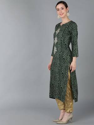 women green viscose rayon bandhani embroidered straight kurta 3