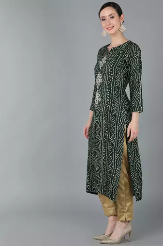 women green viscose rayon bandhani embroidered straight kurta