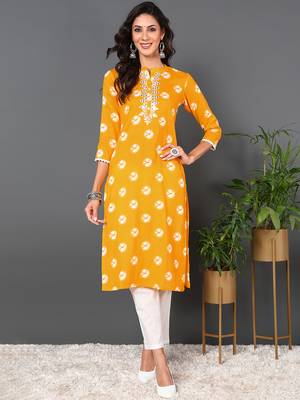 women yellow cotton tie & dye  embroidered straight kurta 1