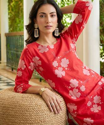women coral cotton floral printed straight kurta 5
