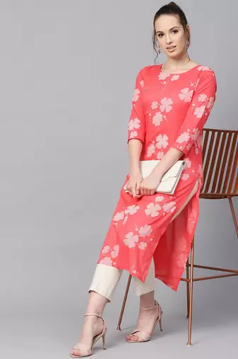 women coral cotton floral printed straight kurta