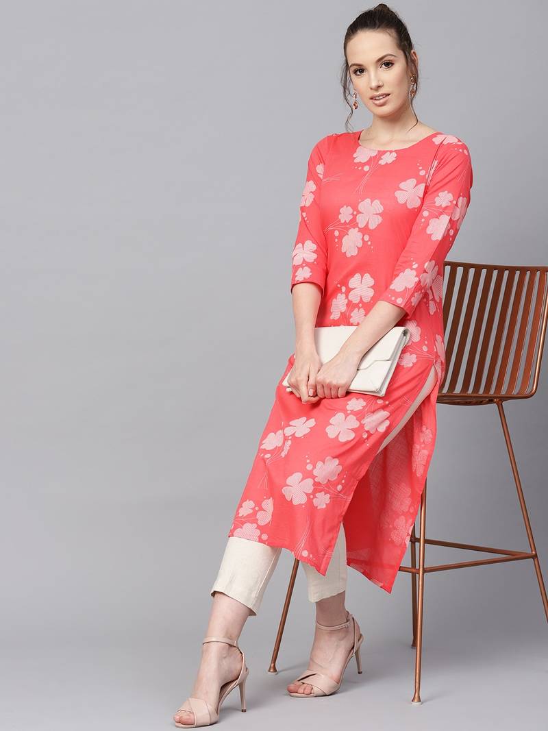 women coral cotton floral printed straight kurta