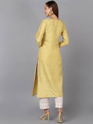 women yellow silk blend solid embroidered straight kurta 4