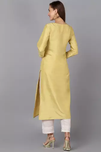 women yellow silk blend solid embroidered straight kurta