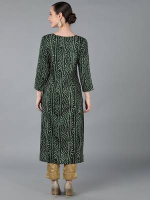 women green viscose rayon bandhani embroidered straight kurta 4