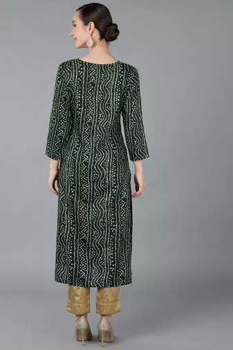 women green viscose rayon bandhani embroidered straight kurta