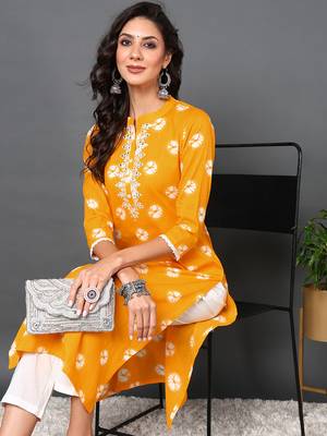 women yellow cotton tie & dye  embroidered straight kurta 2