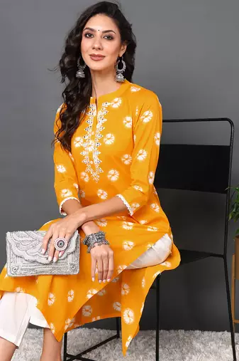 women yellow cotton tie & dye  embroidered straight kurta