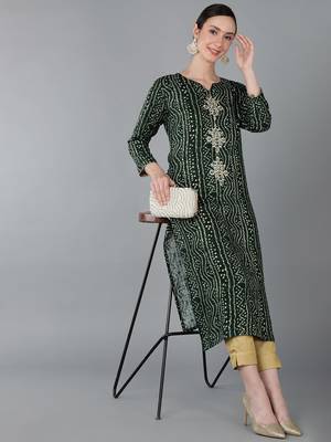 women green viscose rayon bandhani embroidered straight kurta 5