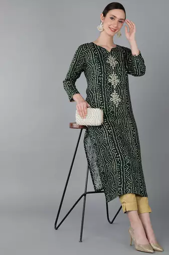 women green viscose rayon bandhani embroidered straight kurta