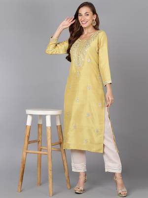 women yellow silk blend solid embroidered straight kurta 5