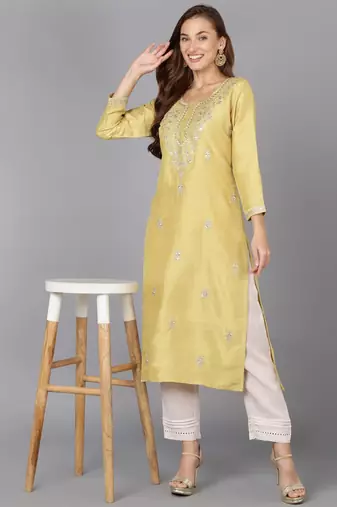 women yellow silk blend solid embroidered straight kurta