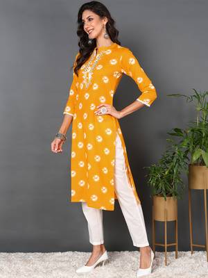 women yellow cotton tie & dye  embroidered straight kurta 3