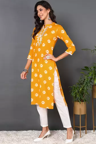 women yellow cotton tie & dye  embroidered straight kurta