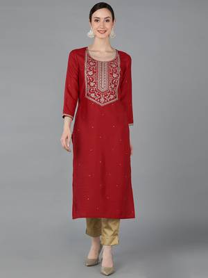 women red chanderi silk solid embroidered straight kurta 1
