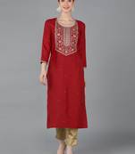 women red chanderi silk solid embroidered straight kurta