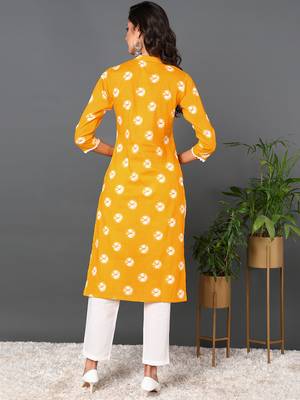 women yellow cotton tie & dye  embroidered straight kurta 4