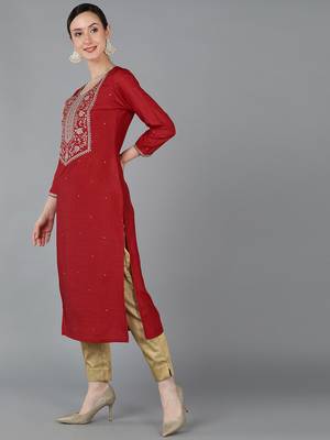 women red chanderi silk solid embroidered straight kurta 3
