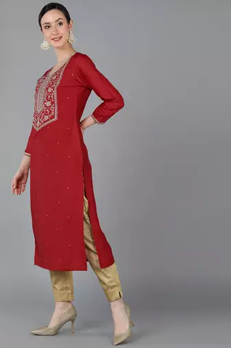 women red chanderi silk solid embroidered straight kurta
