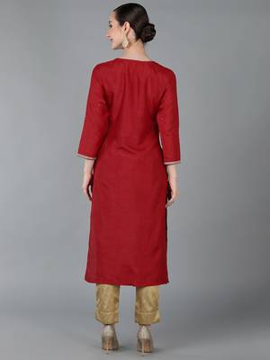 women red chanderi silk solid embroidered straight kurta 4