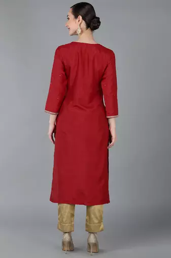 women red chanderi silk solid embroidered straight kurta