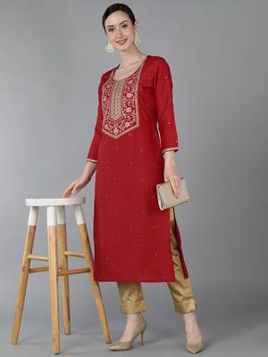 women red chanderi silk solid embroidered straight kurta 5
