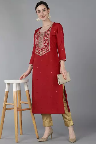 women red chanderi silk solid embroidered straight kurta