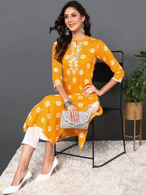 women yellow cotton tie & dye  embroidered straight kurta 5