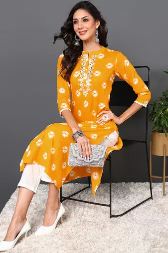 women yellow cotton tie & dye  embroidered straight kurta