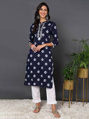 women blue cotton tie & dye  embroidered straight kurta 1