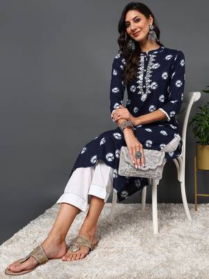 women blue cotton tie & dye  embroidered straight kurta 5