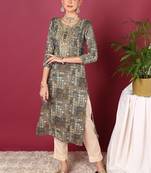 women off white viscose rayon ethnic motifs embroidered straight kurta