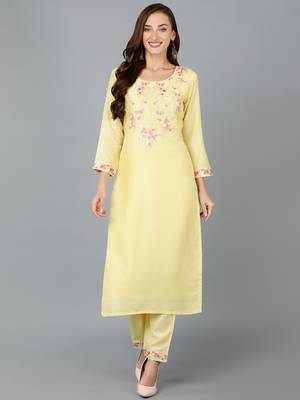 women yellow silk blend solid embroidered straight kurta 1
