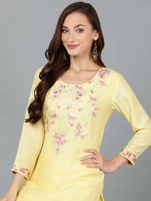 women yellow silk blend solid embroidered straight kurta 2