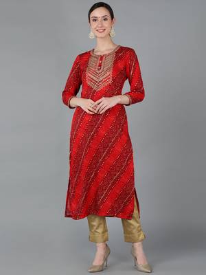 women red viscose rayon bandhani embroidered straight kurta 1