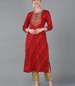 women red viscose rayon bandhani embroidered straight kurta