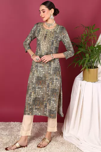 women off white viscose rayon ethnic motifs embroidered straight kurta