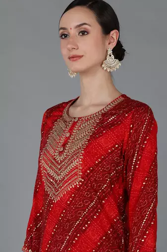 women red viscose rayon bandhani embroidered straight kurta