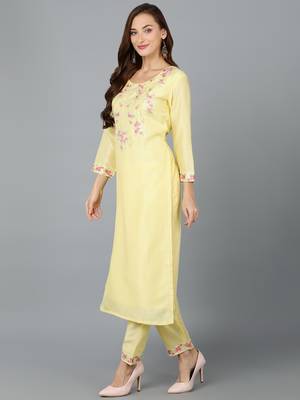 women yellow silk blend solid embroidered straight kurta 3