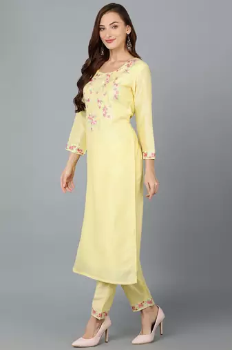 women yellow silk blend solid embroidered straight kurta