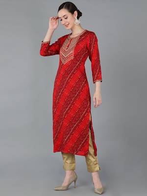 women red viscose rayon bandhani embroidered straight kurta 3