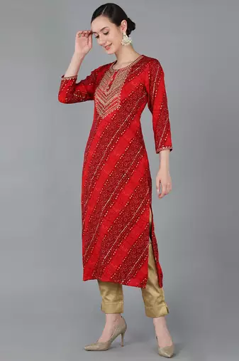 women red viscose rayon bandhani embroidered straight kurta