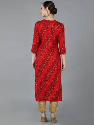 women red viscose rayon bandhani embroidered straight kurta 4