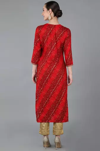 women red viscose rayon bandhani embroidered straight kurta