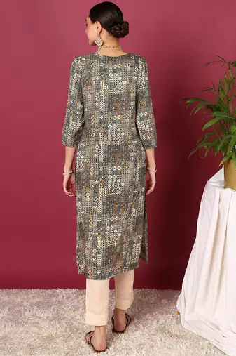 women off white viscose rayon ethnic motifs embroidered straight kurta