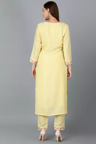 women yellow silk blend solid embroidered straight kurta