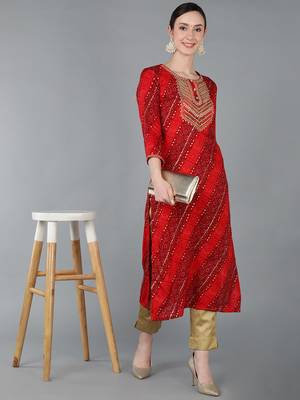 women red viscose rayon bandhani embroidered straight kurta 5