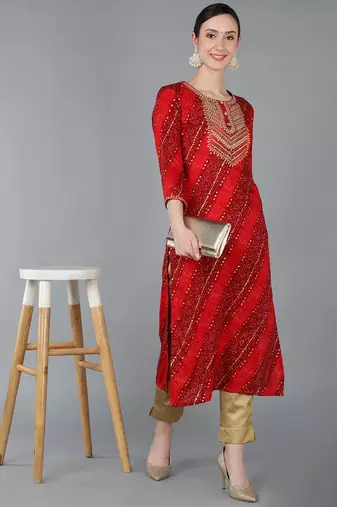 women red viscose rayon bandhani embroidered straight kurta