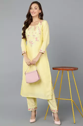 women yellow silk blend solid embroidered straight kurta