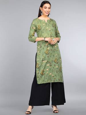 women green cotton floral printed straight kurta 1